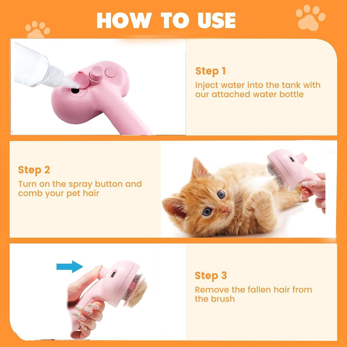 3-in-1 Mist Grooming Brush – Self-Cleaning Mist Spray Comb for Shedding, Hair Removal Tool for Dogs & Cats, Pink