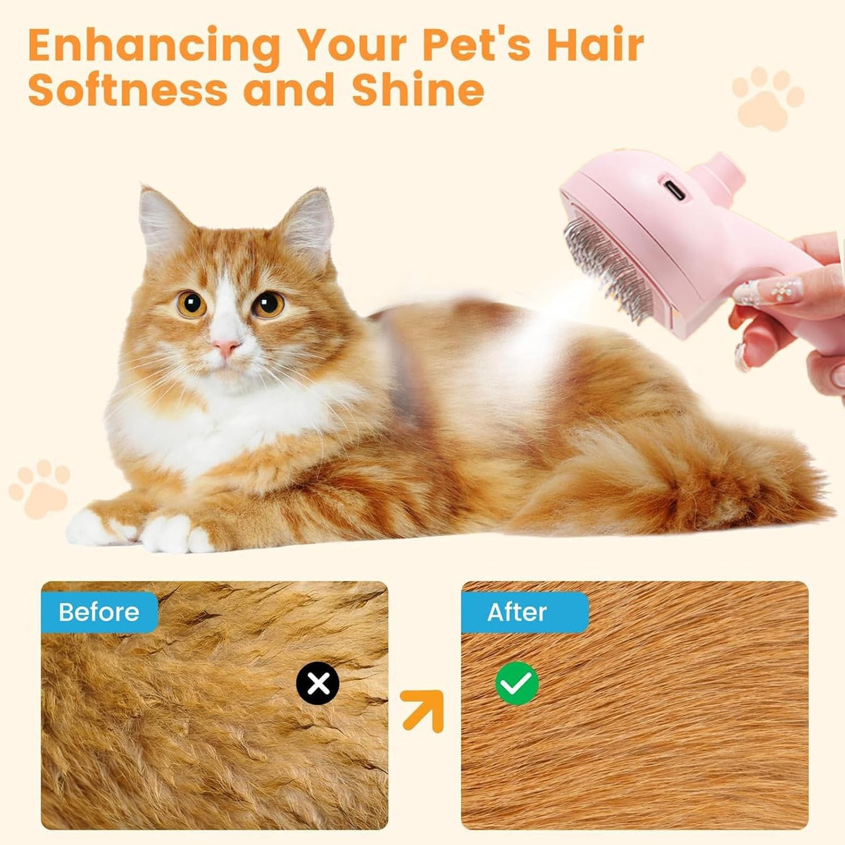 3-in-1 Mist Grooming Brush – Self-Cleaning Mist Spray Comb for Shedding, Hair Removal Tool for Dogs & Cats, Pink